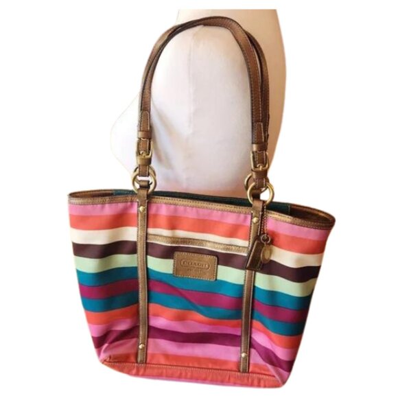 Coach Handbags - COACH Legacy Rainbow Striped Tote Bag Nylon with Bronze Leather Trim Coach Purse